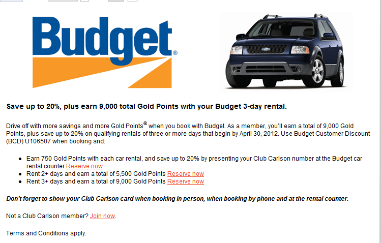 Club Carlson 9,000 points for Budget or Avis car rental – Loyalty Traveler