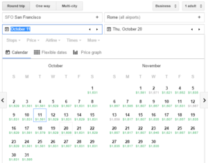 SFO-FCO Biz Fares Oct-Nov