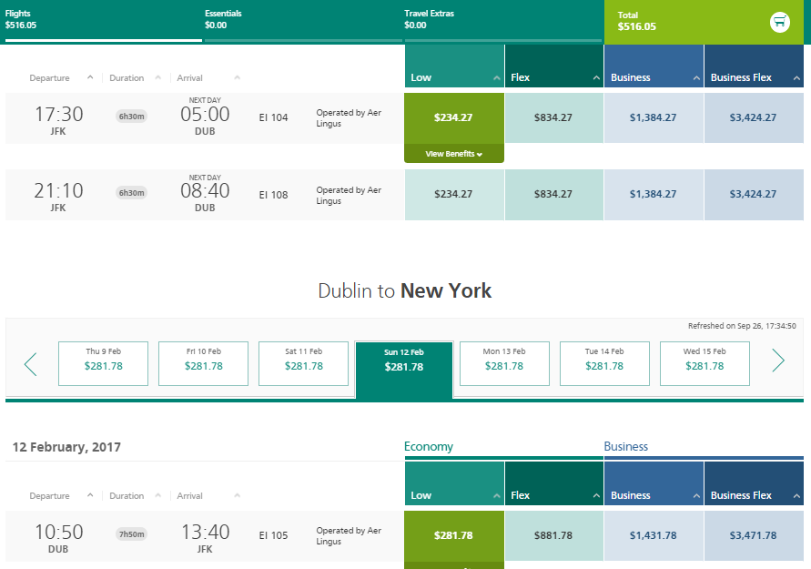 Delta $523 JFK-Dublin, Aer Lingus $516, American $553 PHL-Dublin, Oct