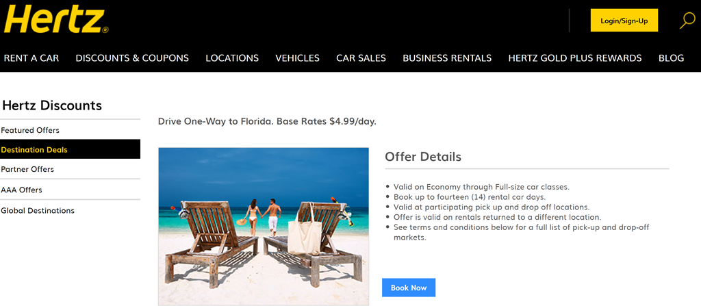 Hertz Drive One Way to Florida $5 rental deals Sep-Dec 2017 | Loyalty