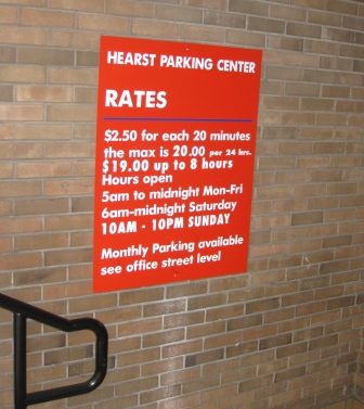 Hearst Parking Center $20 rate at Stevenson and Third Street