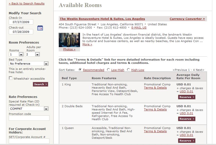 Westin Bonaventure Reservations free room page
