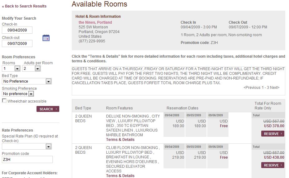 Starwood Hotels 3rd Night Free rates for the Nines