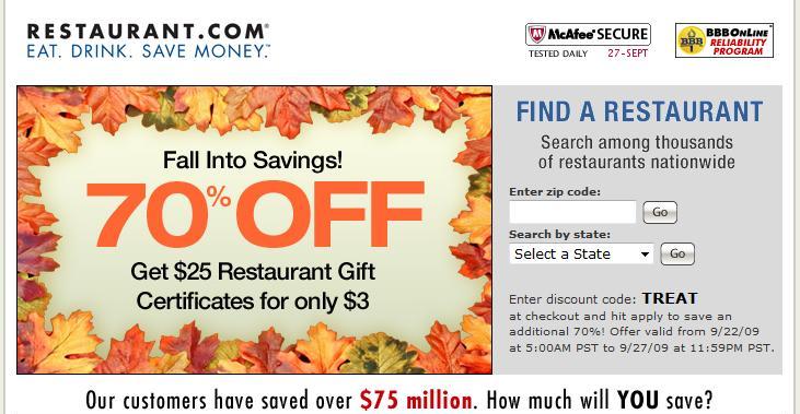 Restaurant.com 70% Savings on Dining Certificates