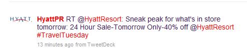 HyattPR tweet on Nov 17 for Hyatt Resorts 40% discount one day only sale Nov 18