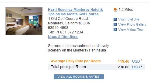 Hyatt.com hotel rate for Hyatt Monterey, Dec 11-13, 2009