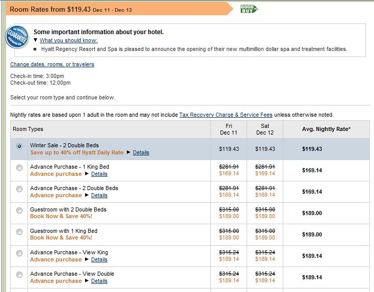 Travelocity.com Hyatt Monterey rate, December 11-13, 2009