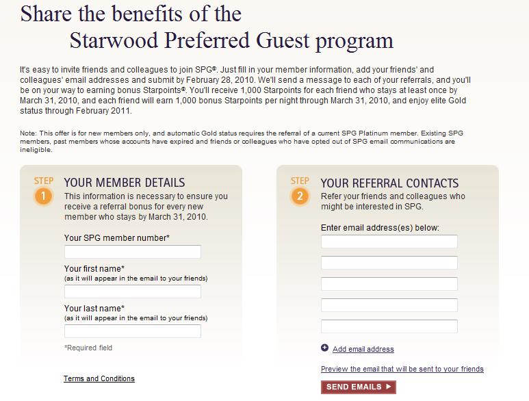 My SPG Platinum member referral form for new SPG members