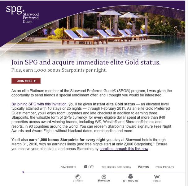 SPG Email for new SPG member registration with instant Gold elite