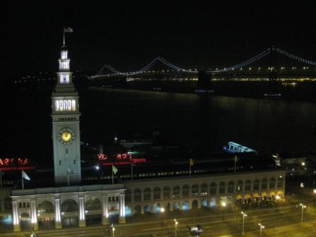 Hyatt Regency San Francisco view of Bay Bridge and Ferry Building at night