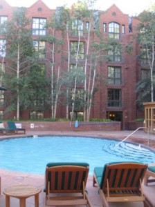 a pool in front of a building