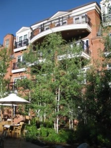 a building with trees and a balcony