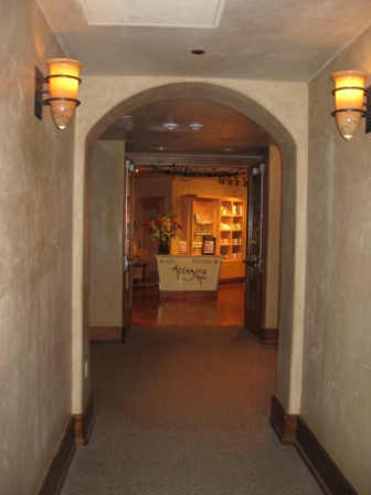 a hallway with a storefront