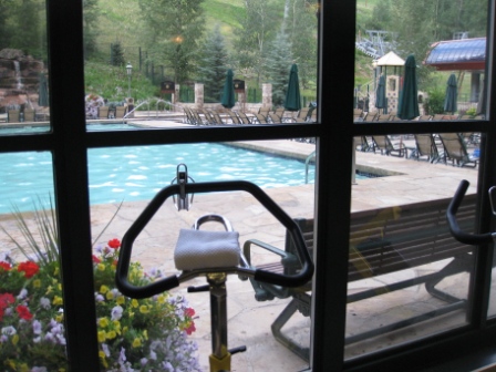 a view of a pool from a window