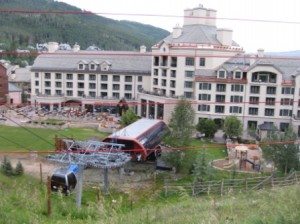 a large building with a cable car