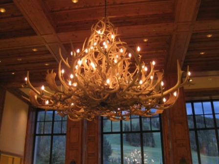 a chandelier with antlers from the ceiling