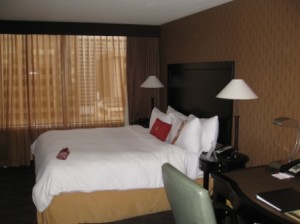 a hotel room with a bed and a desk