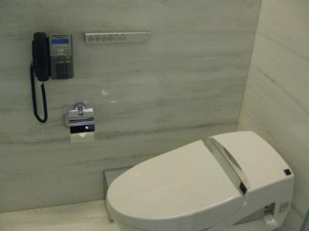 a toilet with a phone on the wall