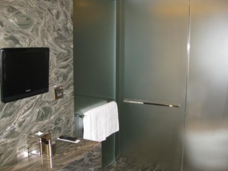 a bathroom with a tv and a glass door