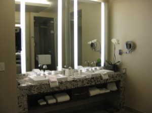 a bathroom with a large mirror