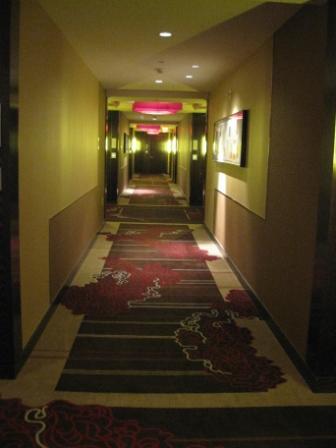 a long hallway with red carpet
