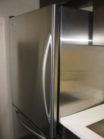 a close-up of a stainless steel refrigerator