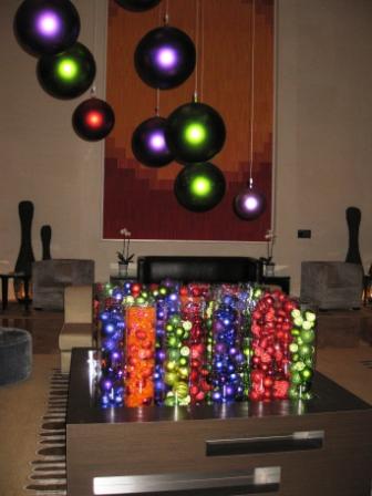 a table with colorful ornaments