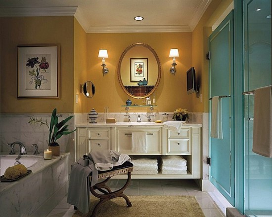 a bathroom with a mirror and tub