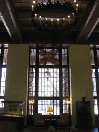 a large window with a chandelier
