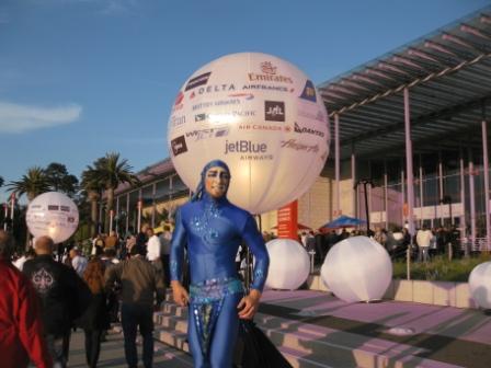 a man in a garment with white balloons