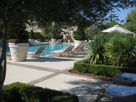 a pool with lounge chairs and bushes