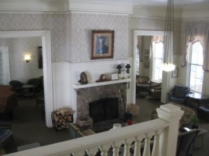 a living room with a fireplace