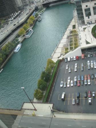 a parking lot next to a river