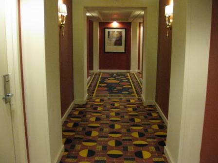 a long hallway with a patterned carpet