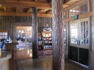 a large wooden columns in a building