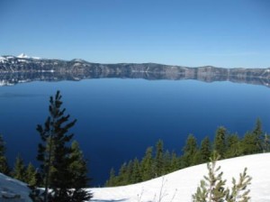 a lake with trees and snow