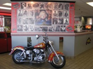 a motorcycle parked in a restaurant