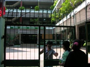 a group of people entering a gate