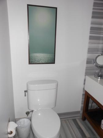 a bathroom with a mirror and a toilet