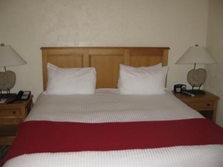 a bed with a red and white blanket