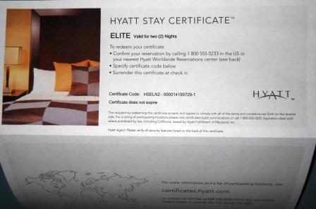 a close-up of a hotel certificate