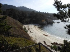 a beach with a wooden railing