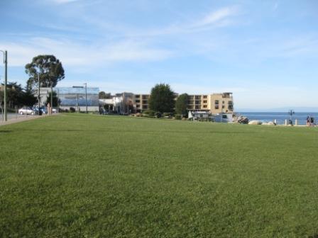 a large grassy area with buildings in the background