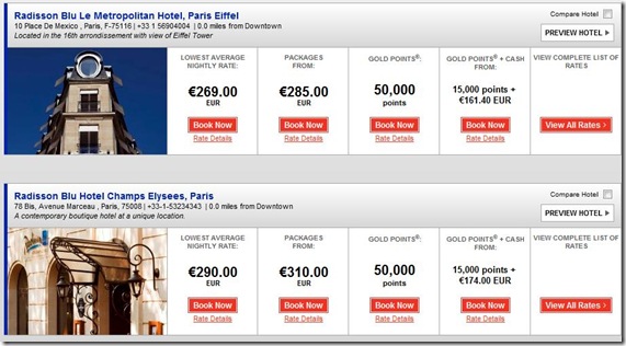 Club Carlson Points-Cash rates Paris