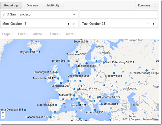 Google Flight Maps SFO-Europe Oct