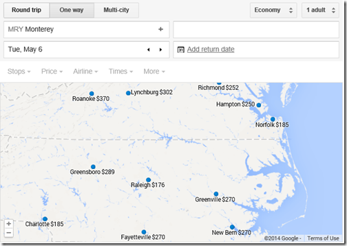 Google Flights MRY-Carolinas