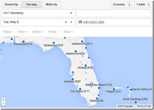 Google flights MRY-Florida