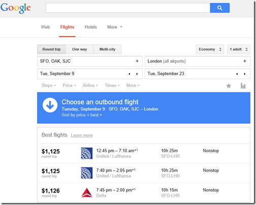 Google Flights SFO-LON