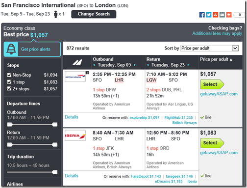 Skyscanner SFO-LON