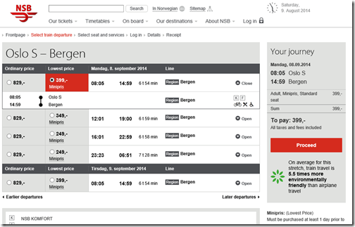 Oslo S-Bergen train price